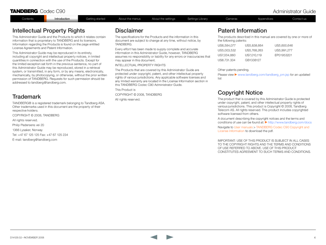 TANDBERG D14129.02 manual Intellectual Property Rights, Trademark, Disclaimer, Patent Information, Copyright Notice 