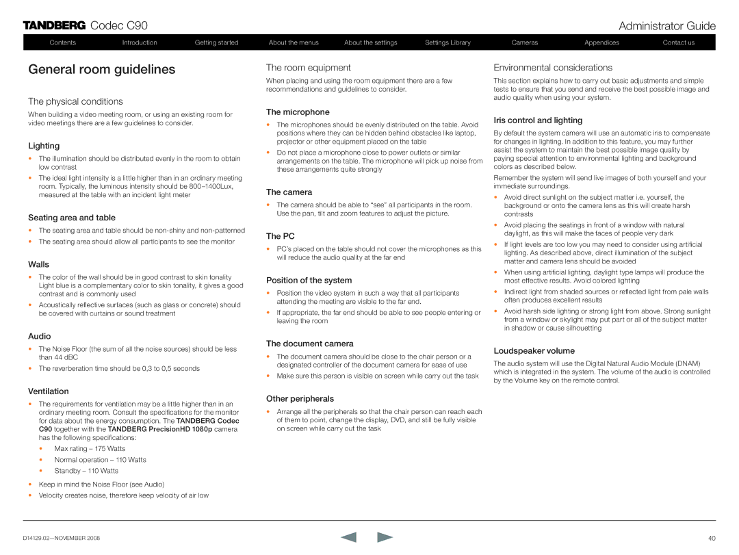 TANDBERG D14129.02 manual General room guidelines, Physical conditions, Room equipment, Environmental considerations 