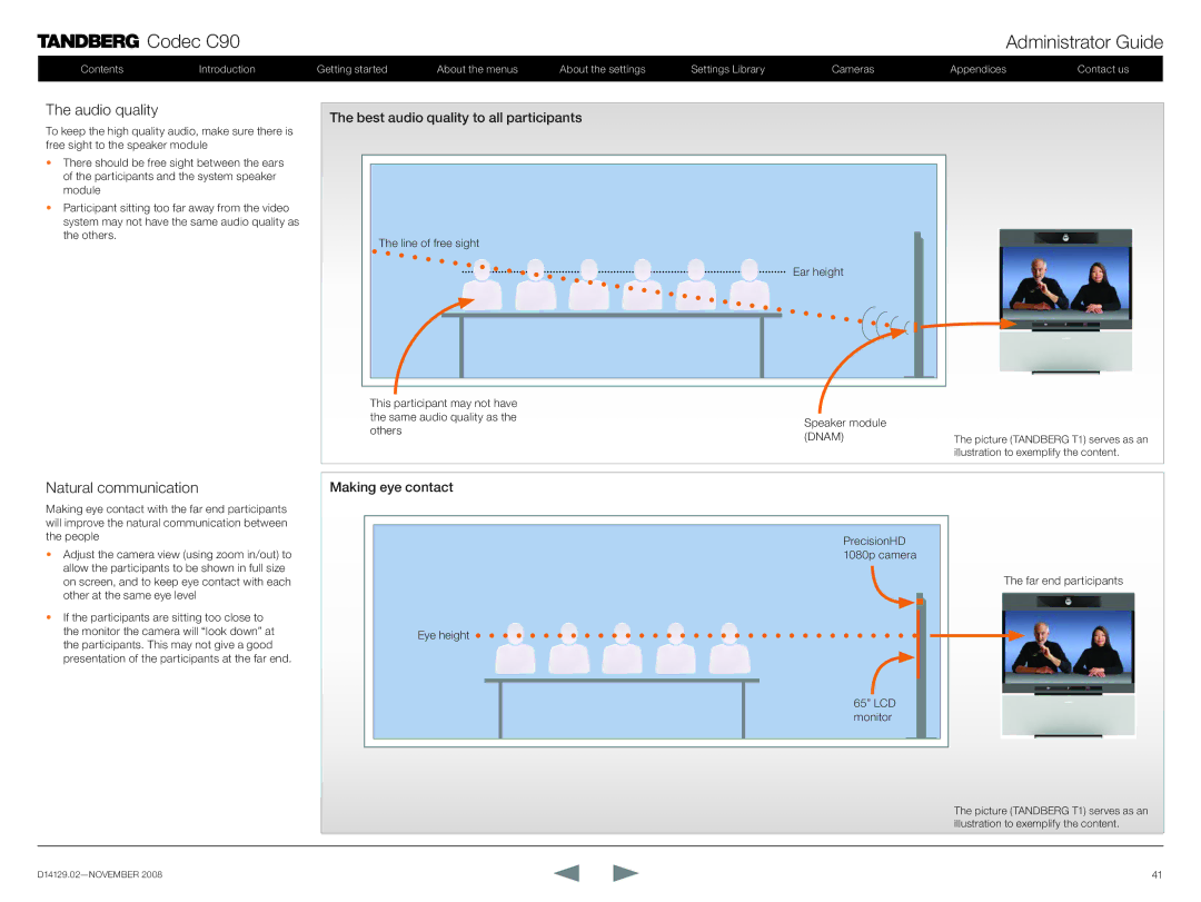 TANDBERG D14129.02 manual Audio quality, Natural communication, Best audio quality to all participants, Making eye contact 