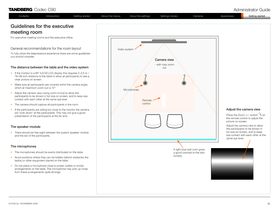 TANDBERG D14129.02 manual Guidelines for the executive meeting room, General recommendations for the room layout 