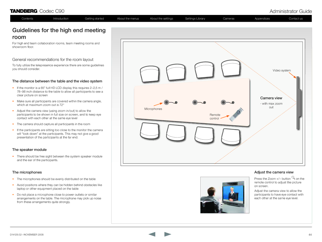 TANDBERG D14129.02 manual Guidelines for the high end meeting room, Camera view 