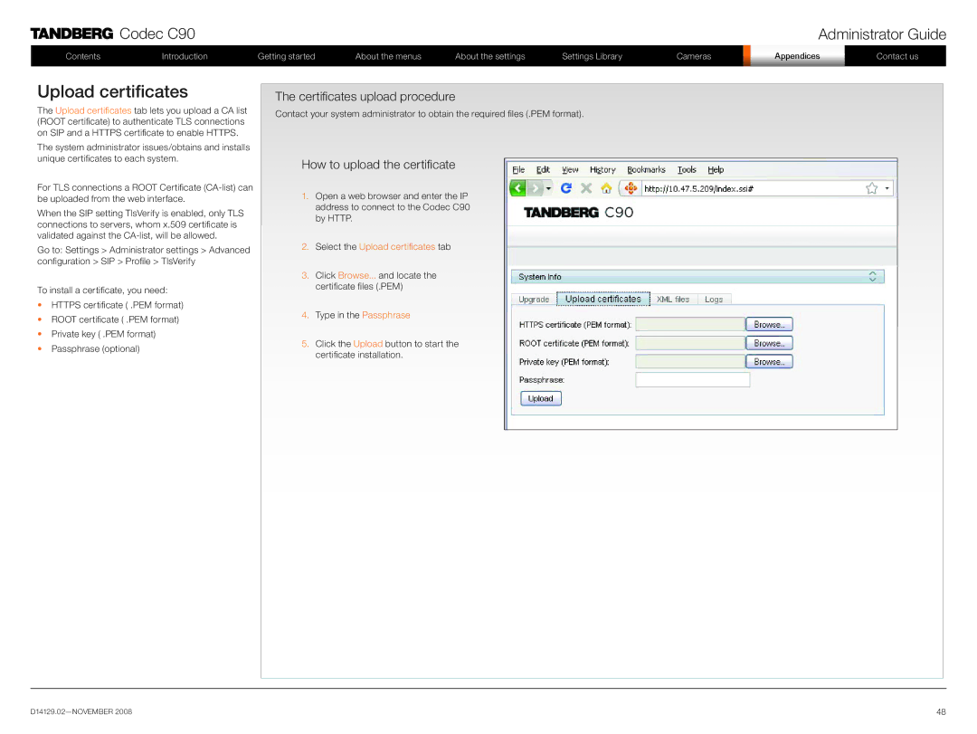 TANDBERG D14129.02 manual Upload certificates, Certificates upload procedure, How to upload the certificate 