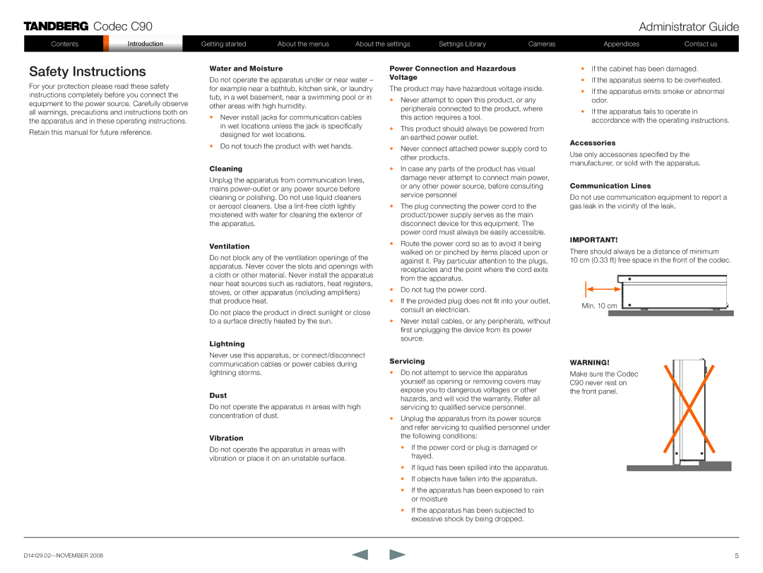 TANDBERG D14129.02 manual Safety Instructions, Water and Moisture 