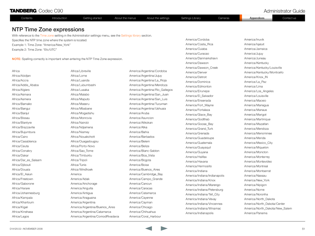 TANDBERG D14129.02 manual NTP Time Zone expressions 