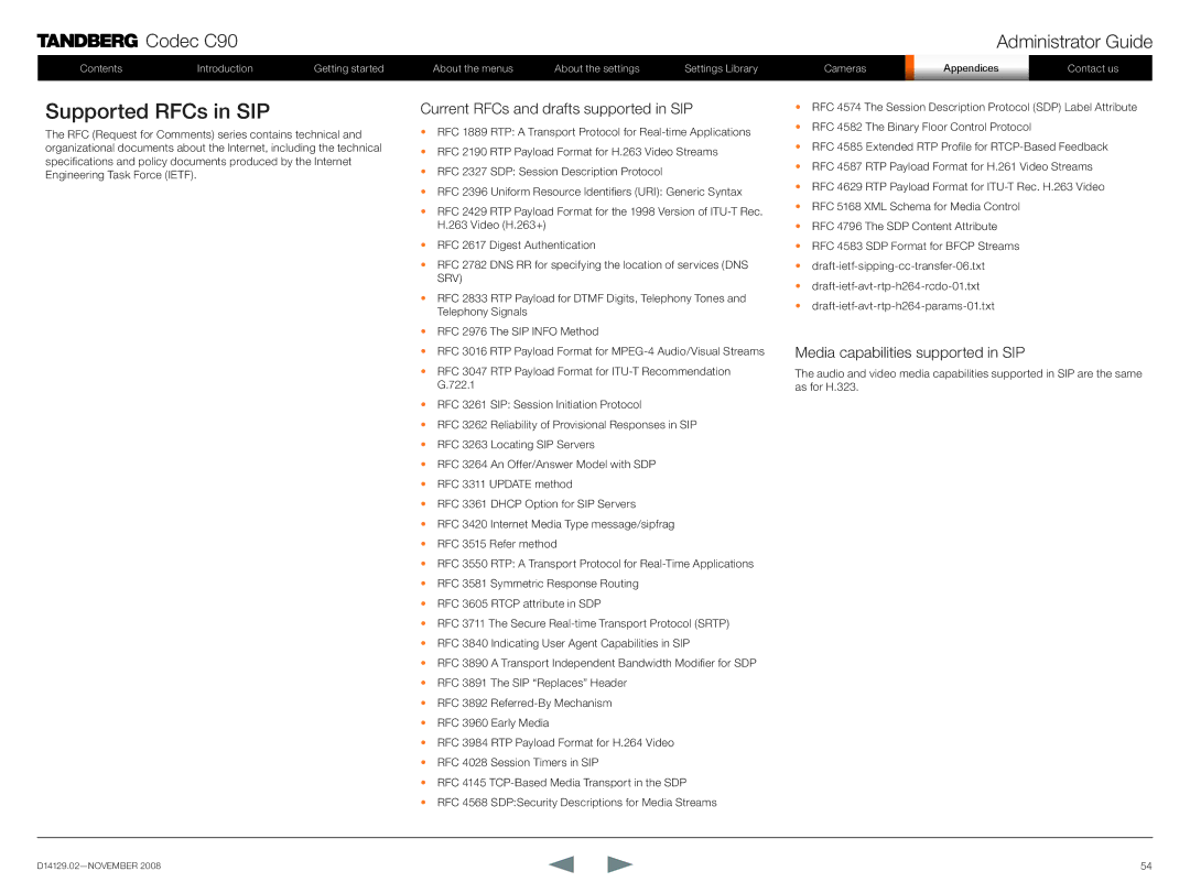 TANDBERG D14129.02 Supported RFCs in SIP, Current RFCs and drafts supported in SIP, Media capabilities supported in SIP 