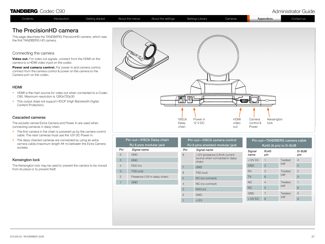 TANDBERG D14129.02 manual PrecisionHD camera, Cascaded cameras, Tandberg Precision HD camera, Kensington lock 