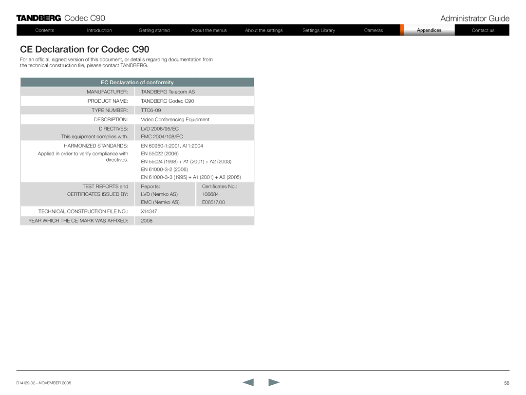 TANDBERG D14129.02 manual CE Declaration for Codec C90, EC Declaration of conformity 