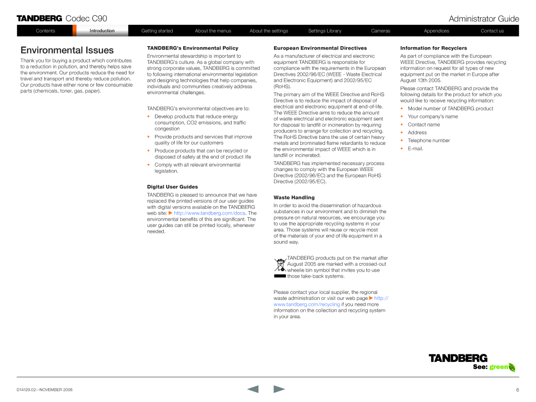 TANDBERG D14129.02 manual Environmental Issues, TANDBERG’s Environmental Policy 