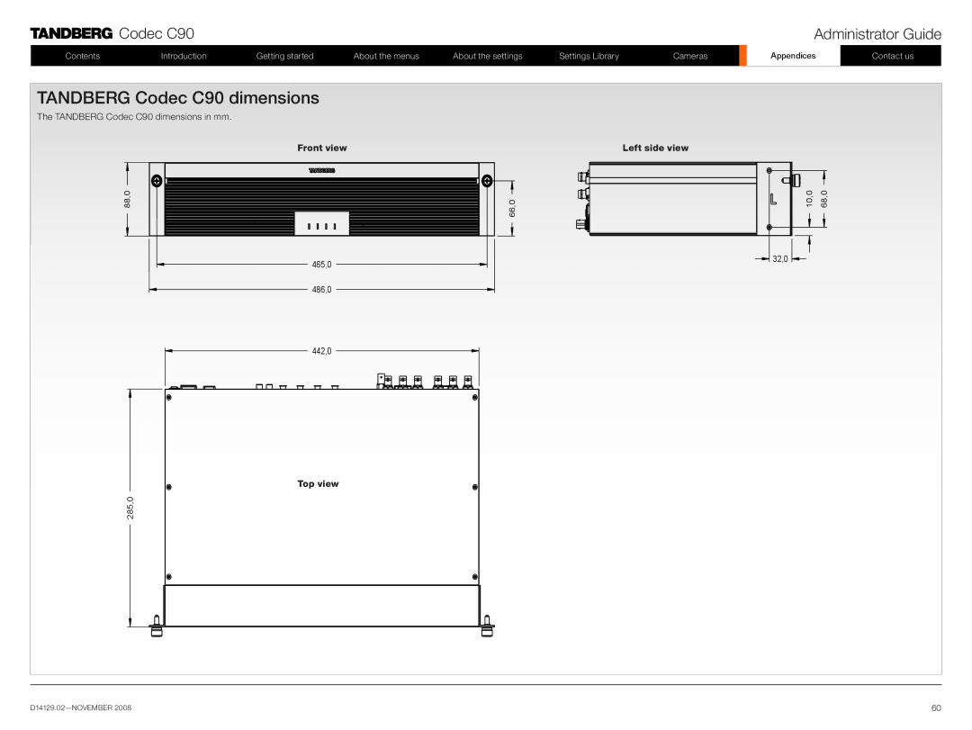 TANDBERG D14129.02 manual Tandberg Codec C90 dimensions 