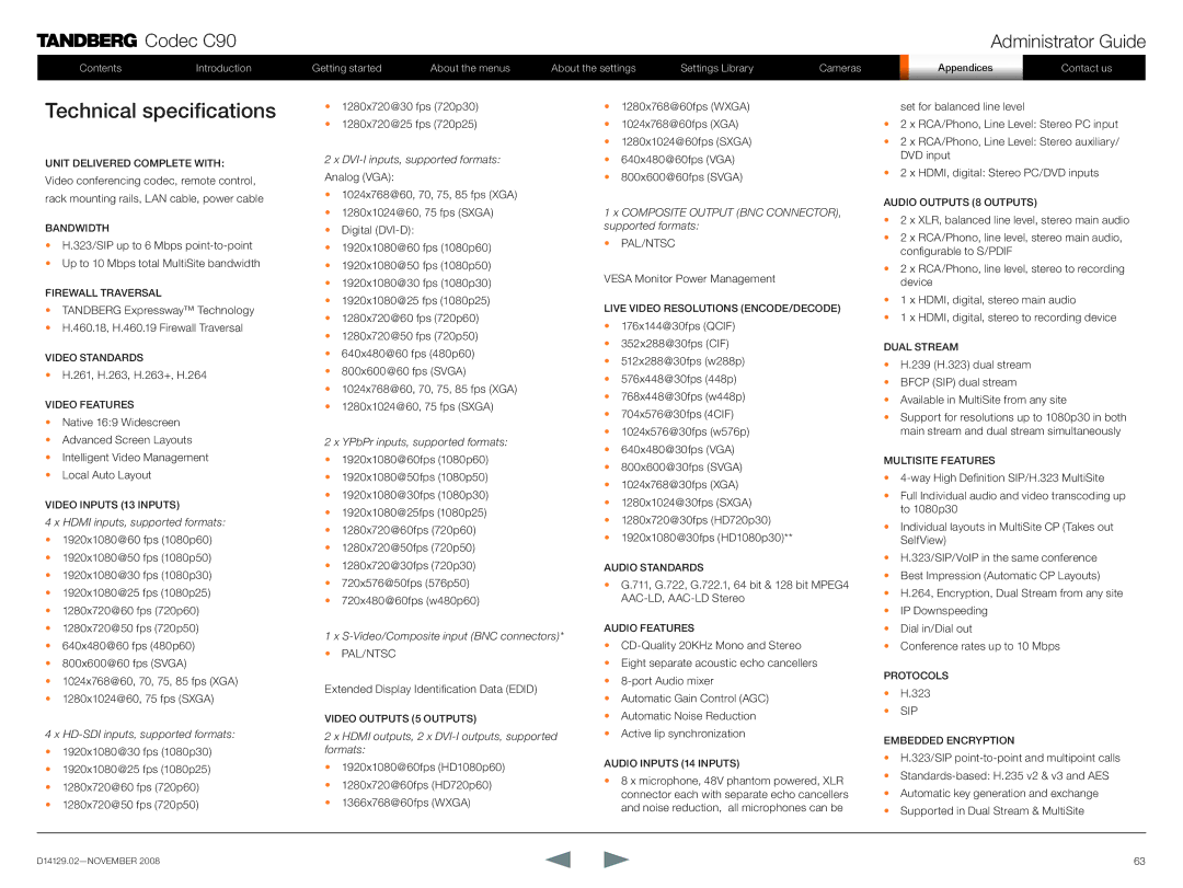 TANDBERG D14129.02 manual Technical specifications, Hdmi inputs, supported formats 