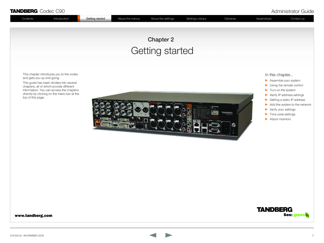 TANDBERG D14129.02 manual Getting started, Chapter 