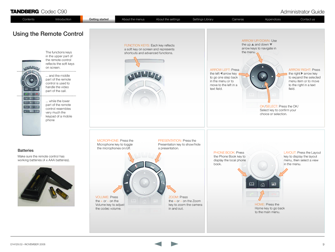 TANDBERG D14129.02 manual Using the Remote Control, Batteries 