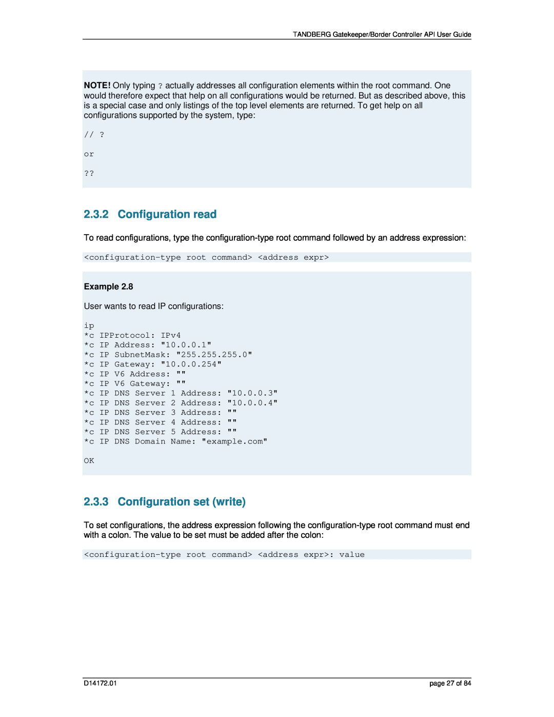 TANDBERG D14172.01 manual Configuration read, Configuration set write, Example 