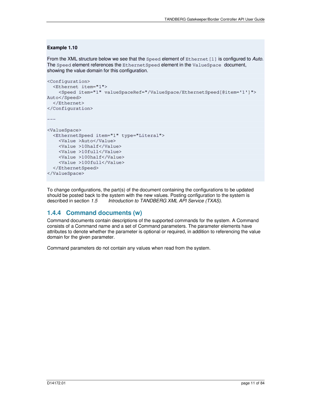 TANDBERG D14172.01 manual Command documents w, EthernetSpeed ValueSpace 