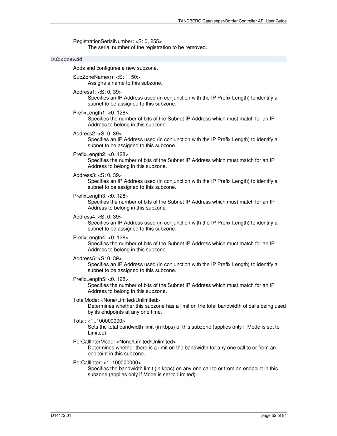 TANDBERG D14172.01 manual SubZoneAdd 