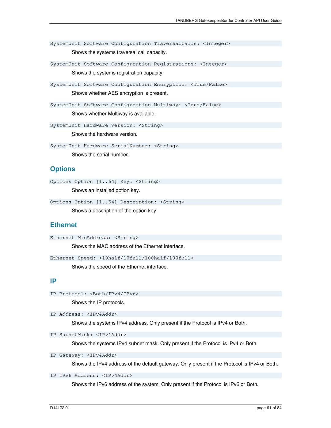 TANDBERG D14172.01 manual Options, Ethernet 