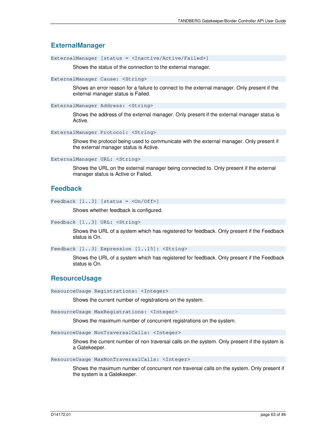 TANDBERG D14172.01 manual ExternalManager, ResourceUsage 