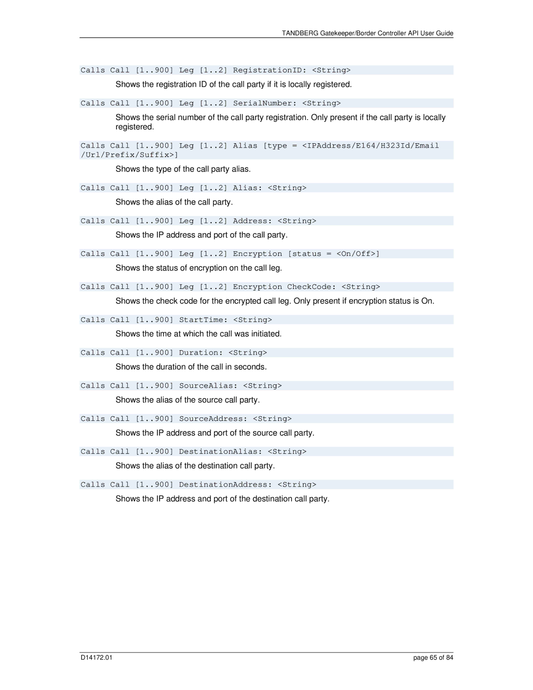 TANDBERG D14172.01 manual Calls Call 1..900 Leg 1..2 RegistrationID String, Calls Call 1..900 Leg 1..2 SerialNumber String 