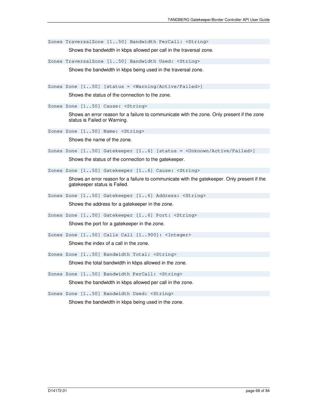 TANDBERG D14172.01 Zones TraversalZone 1..50 Bandwidth PerCall String, Zones TraversalZone 1..50 Bandwidth Used String 