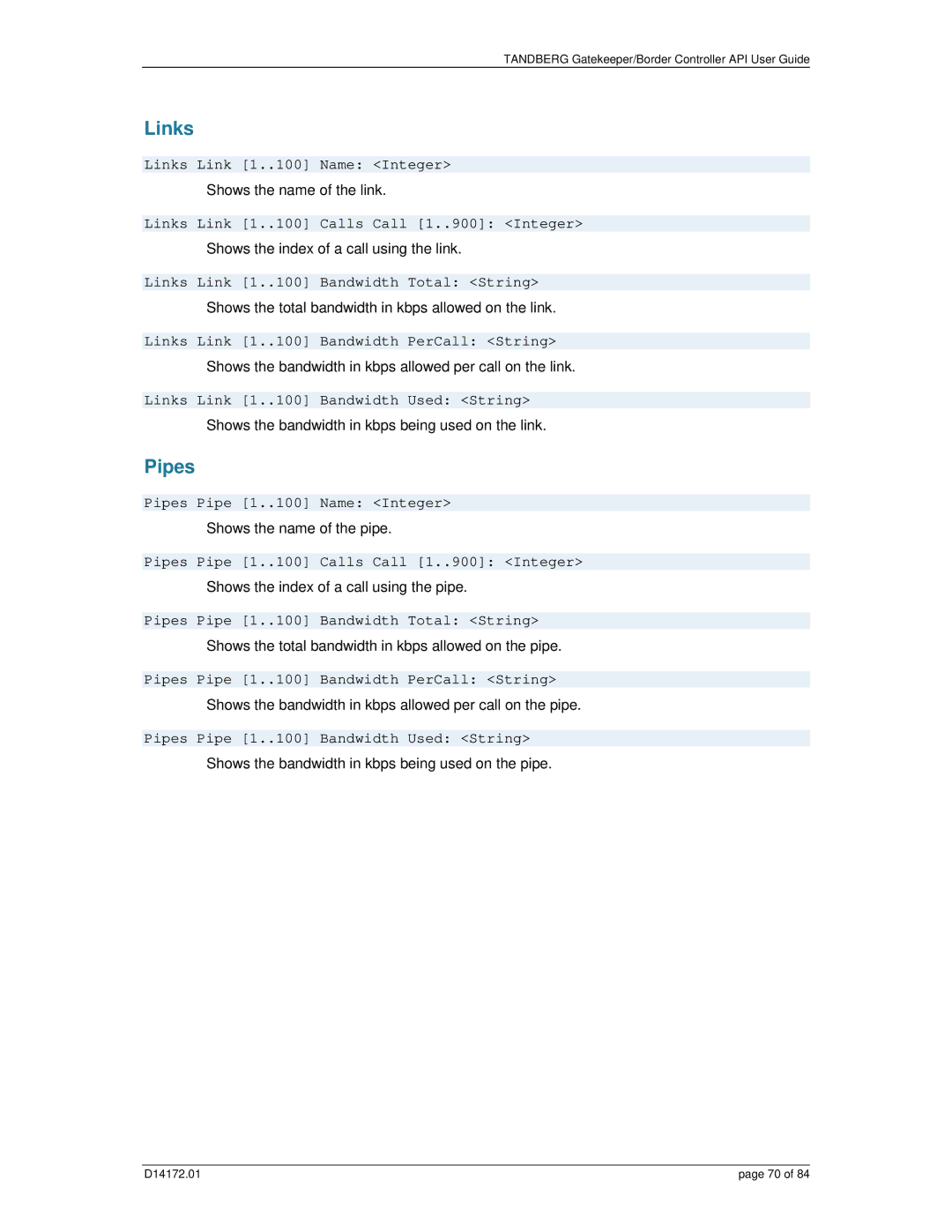 TANDBERG D14172.01 manual Links, Pipes 