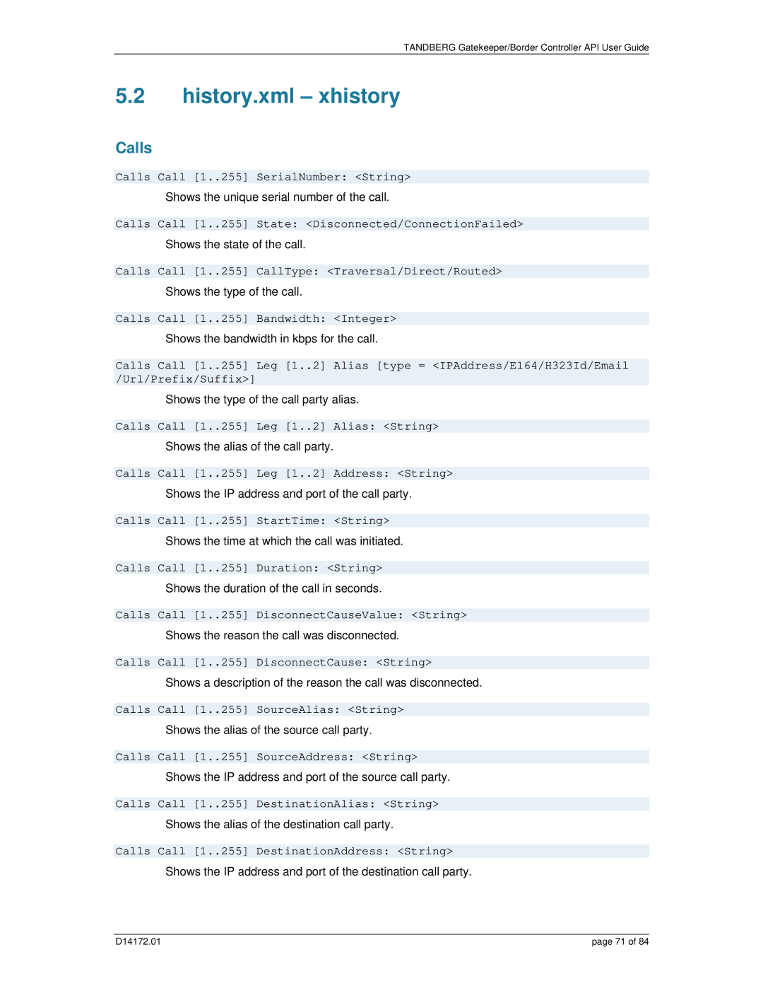 TANDBERG D14172.01 manual History.xml xhistory 