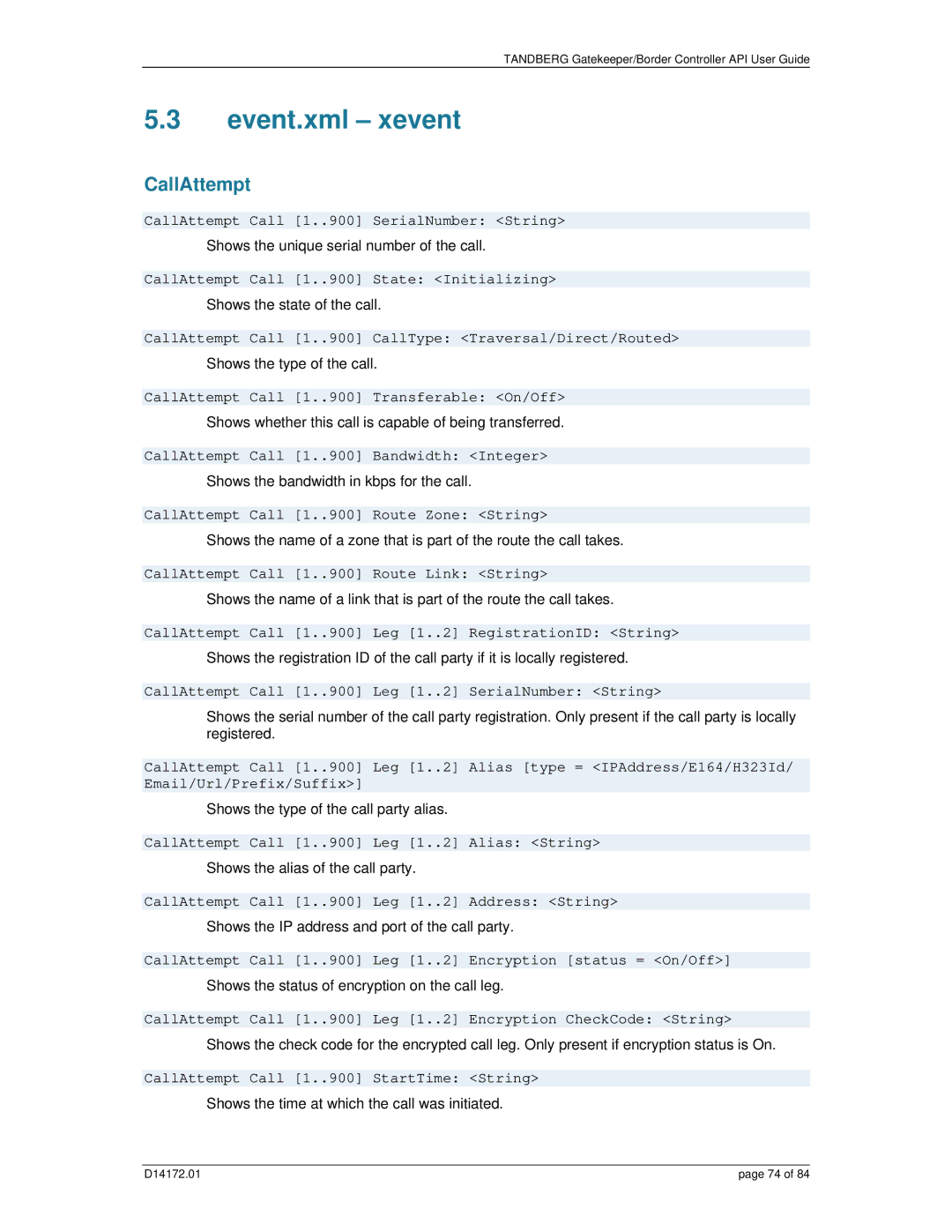 TANDBERG D14172.01 manual Event.xml xevent, CallAttempt 