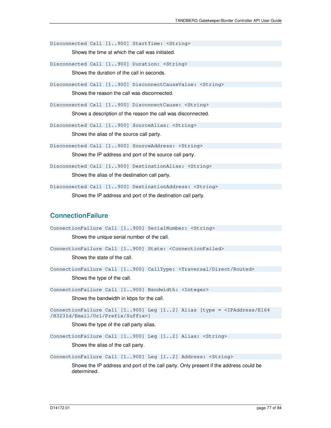 TANDBERG D14172.01 manual ConnectionFailure 