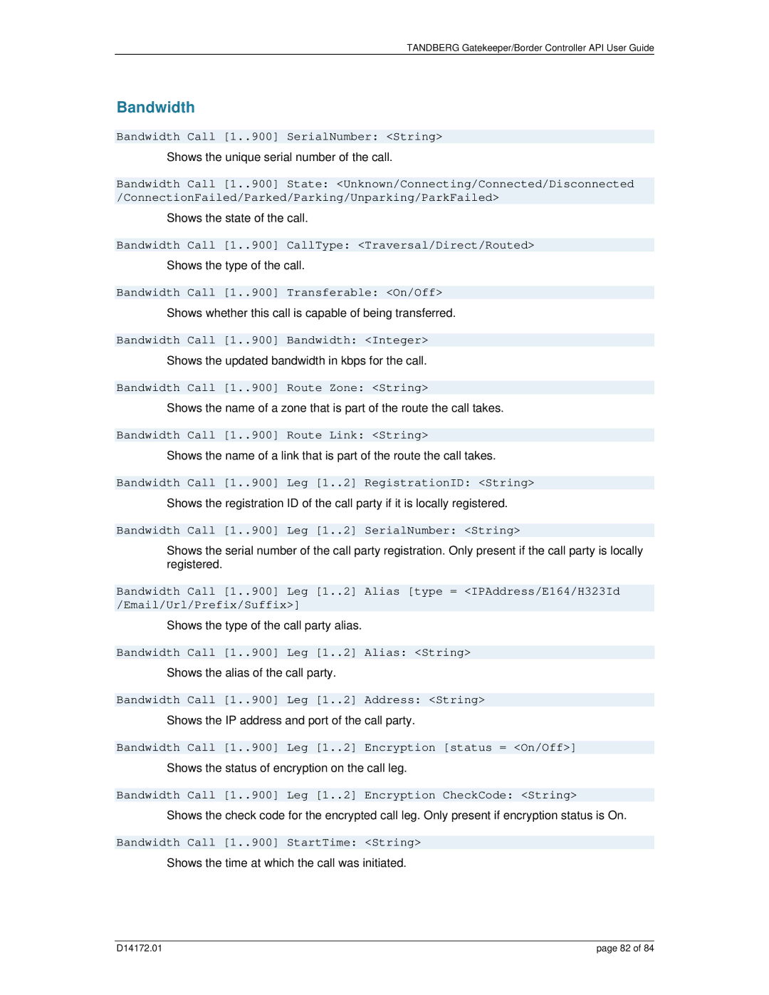 TANDBERG D14172.01 manual Bandwidth 