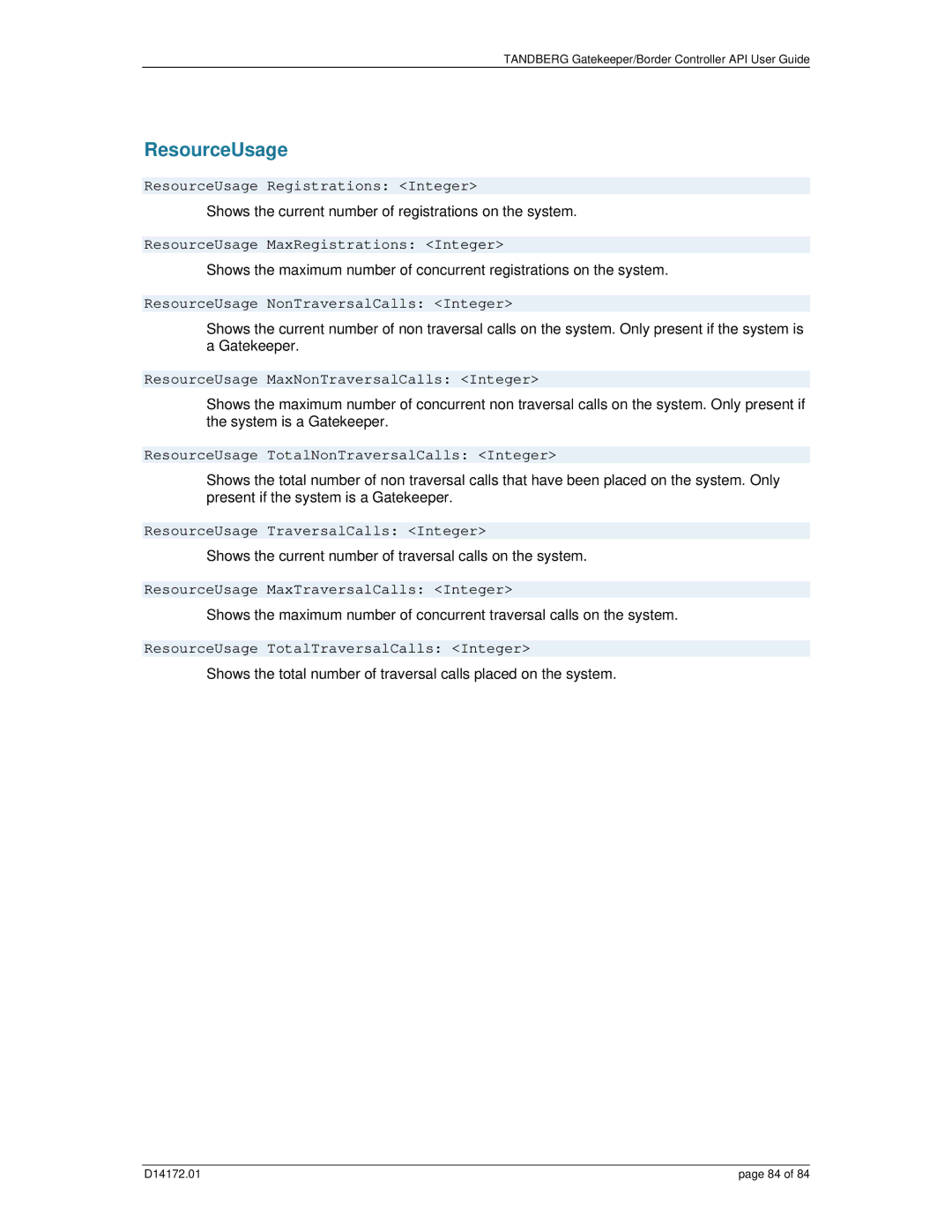 TANDBERG D14172.01 manual ResourceUsage 