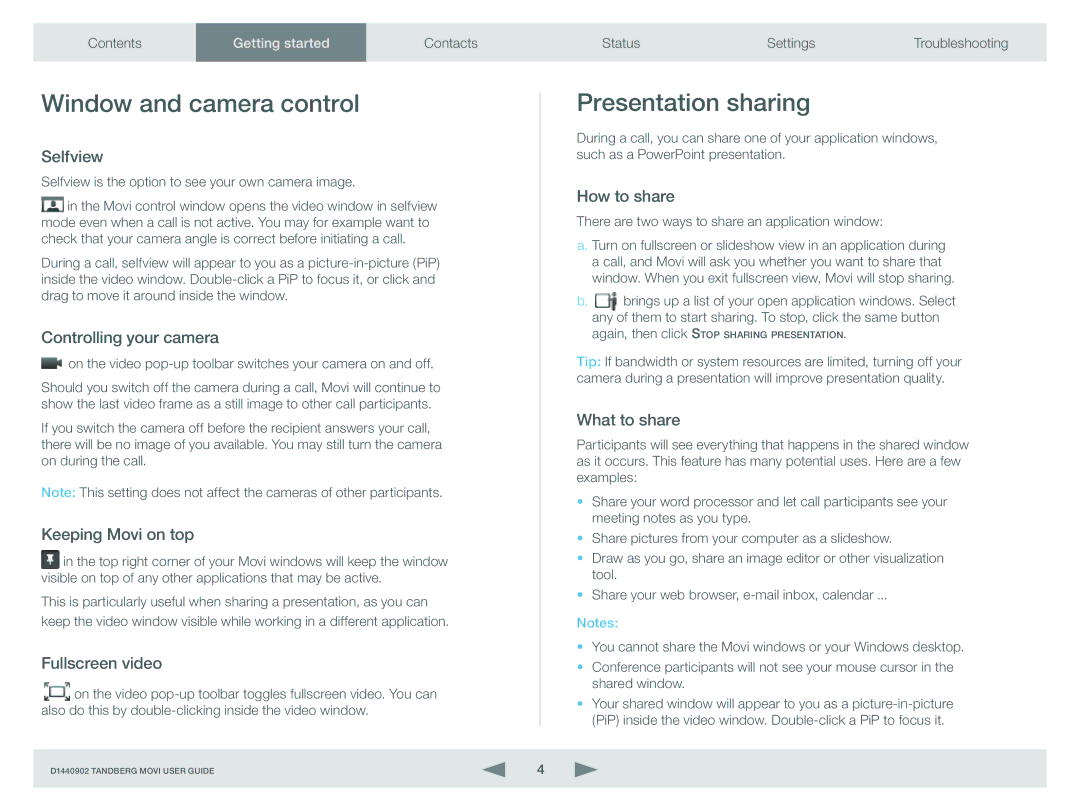 TANDBERG D1440902 manual Window and camera control, Presentation sharing 