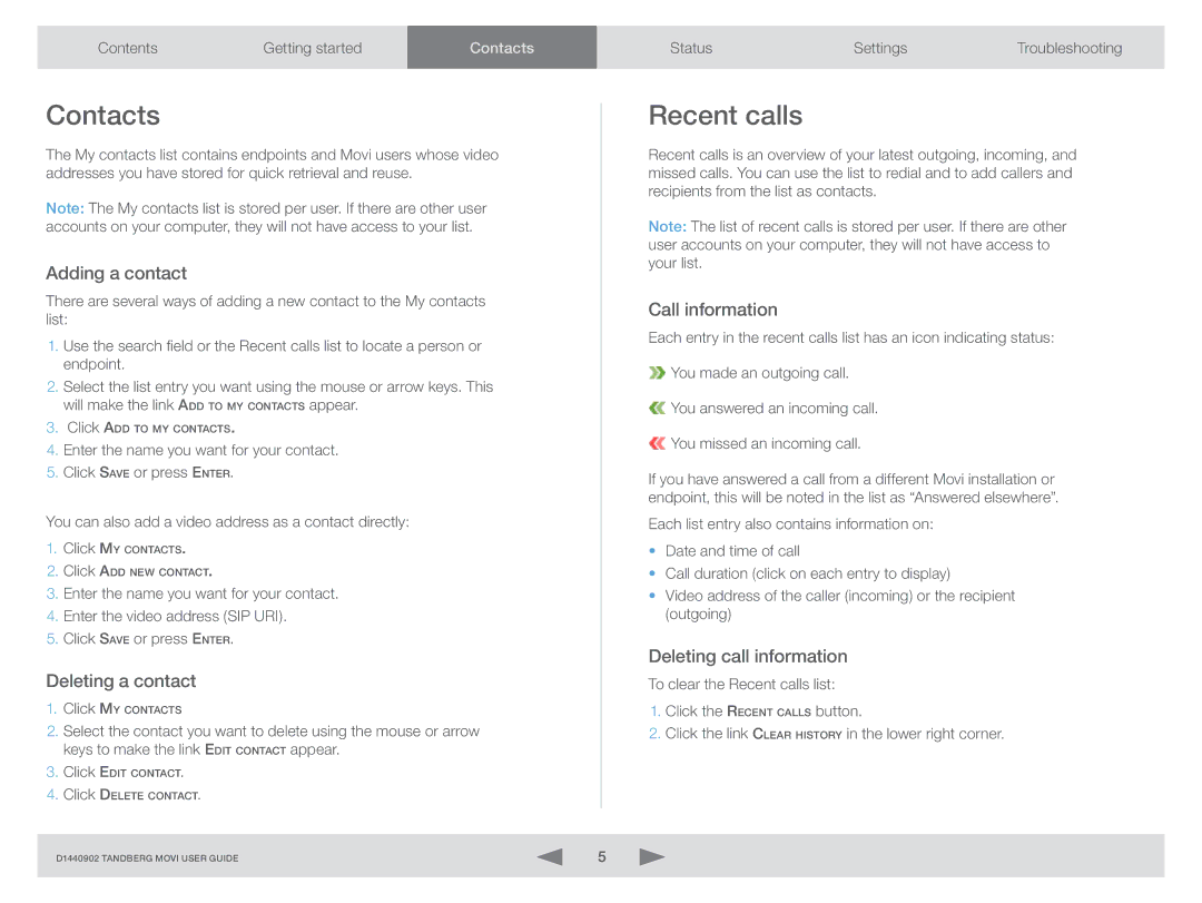 TANDBERG D1440902 manual Contacts, Recent calls 