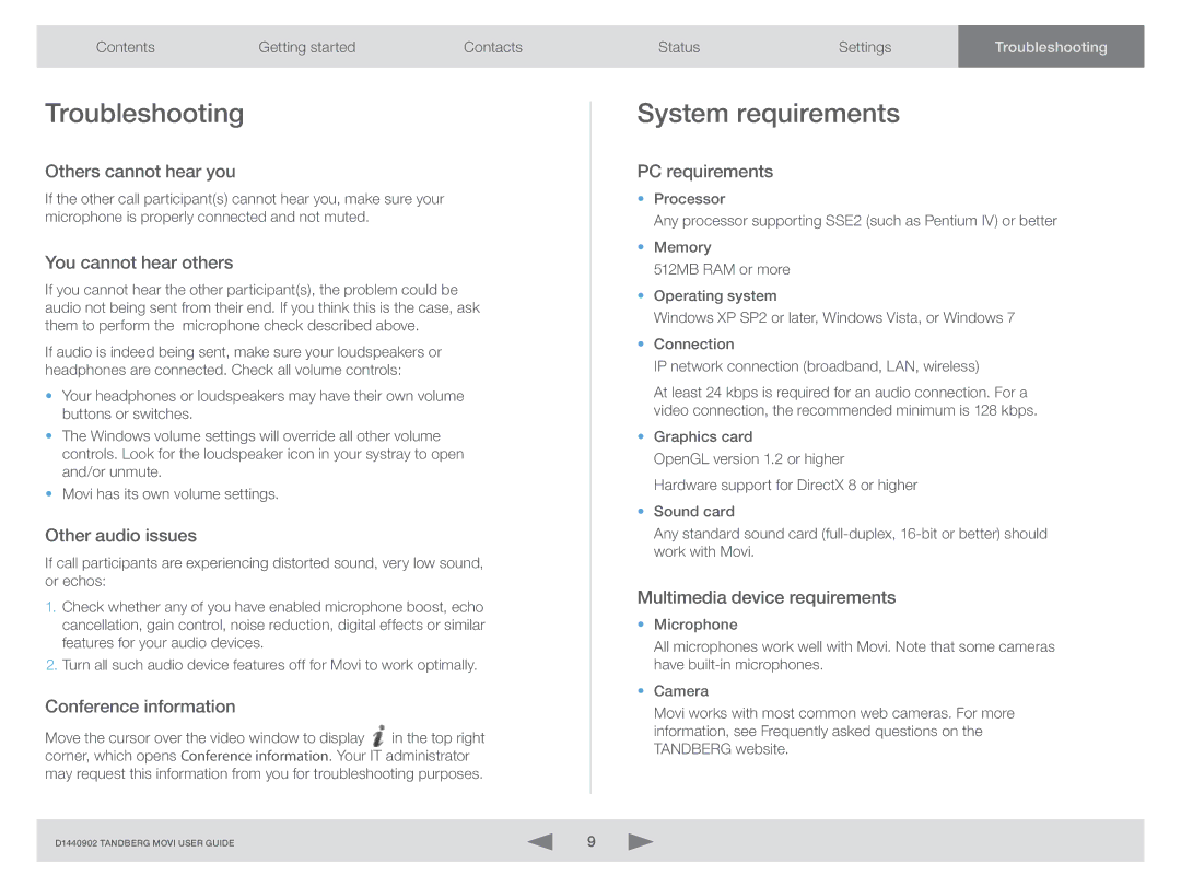 TANDBERG D1440902 manual Troubleshooting, System requirements 