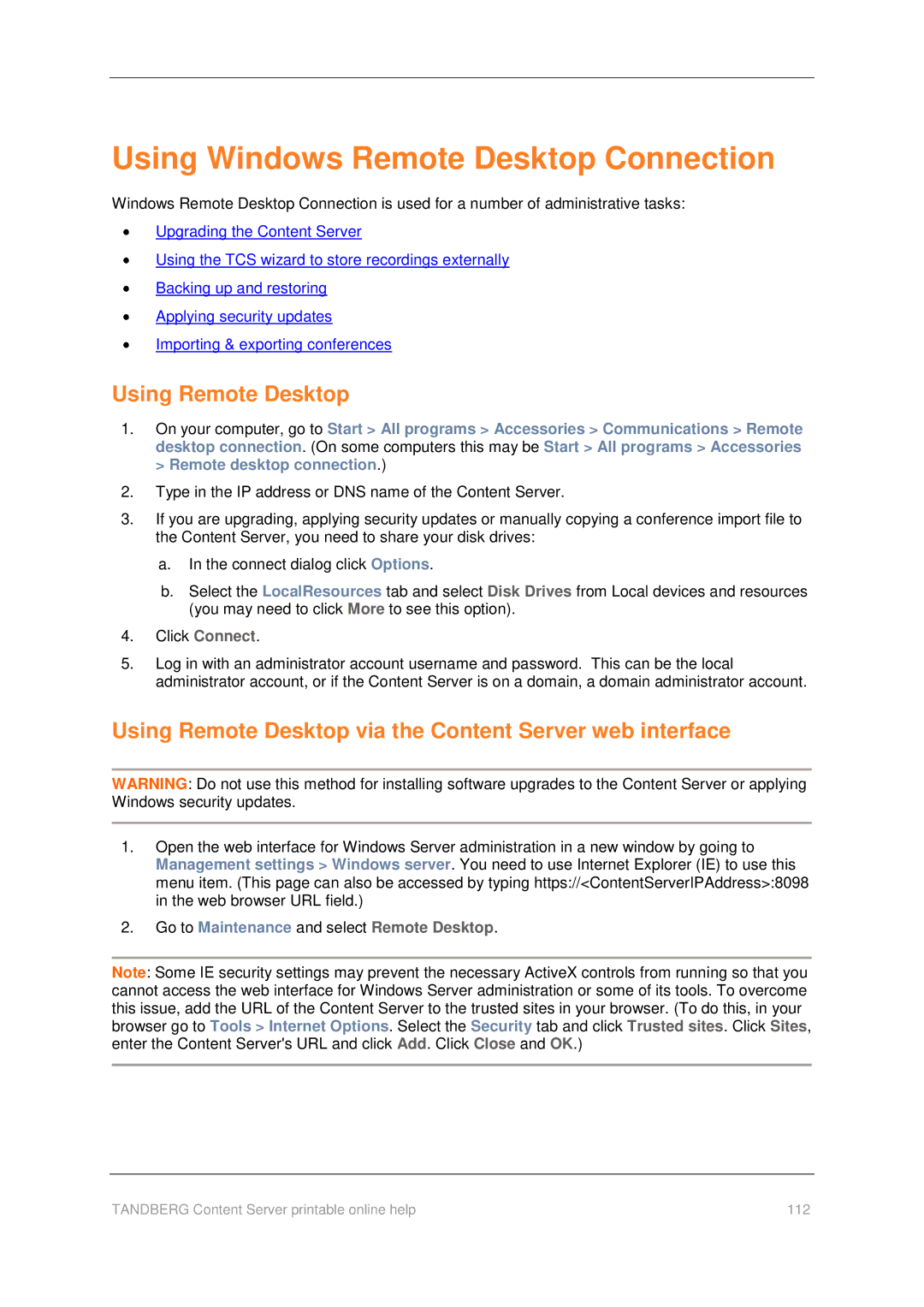 TANDBERG D1459501 manual Using Windows Remote Desktop Connection, Using Remote Desktop 