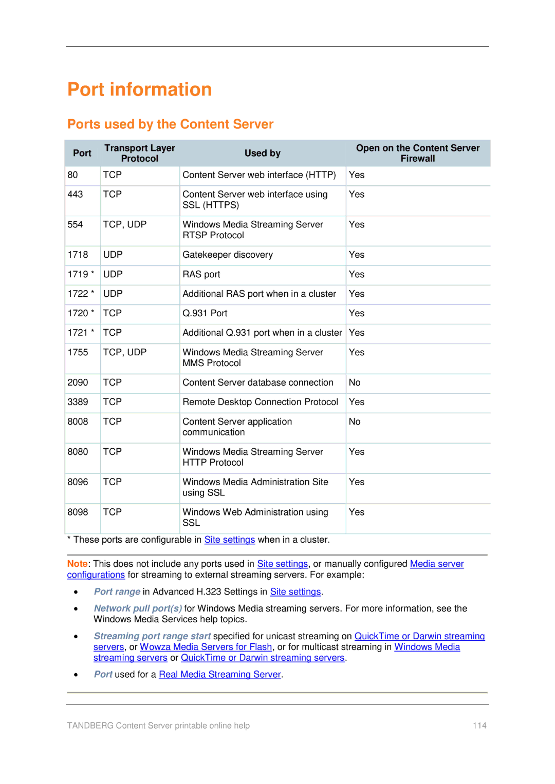 TANDBERG D1459501 manual Port information, Ports used by the Content Server 