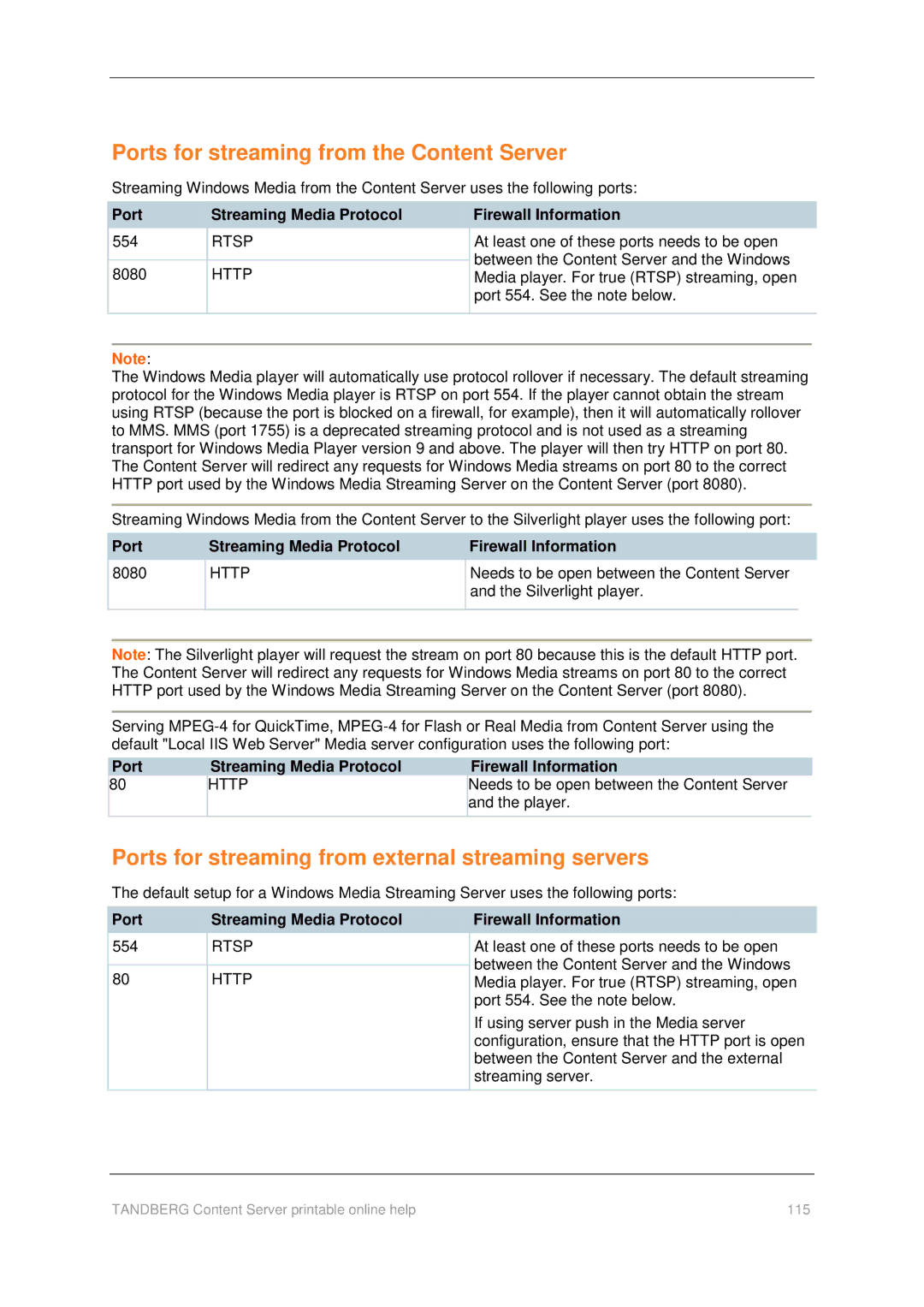 TANDBERG D1459501 manual Ports for streaming from the Content Server, Ports for streaming from external streaming servers 