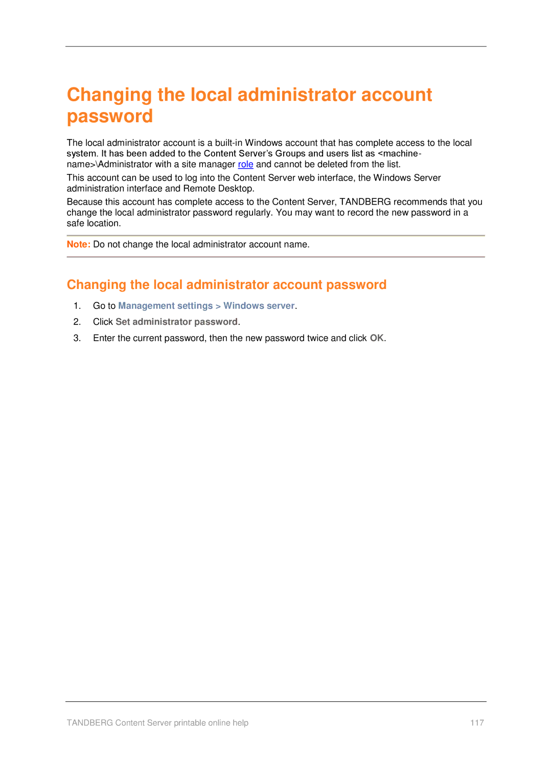 TANDBERG D1459501 manual Changing the local administrator account password, Go to Management settings Windows server 