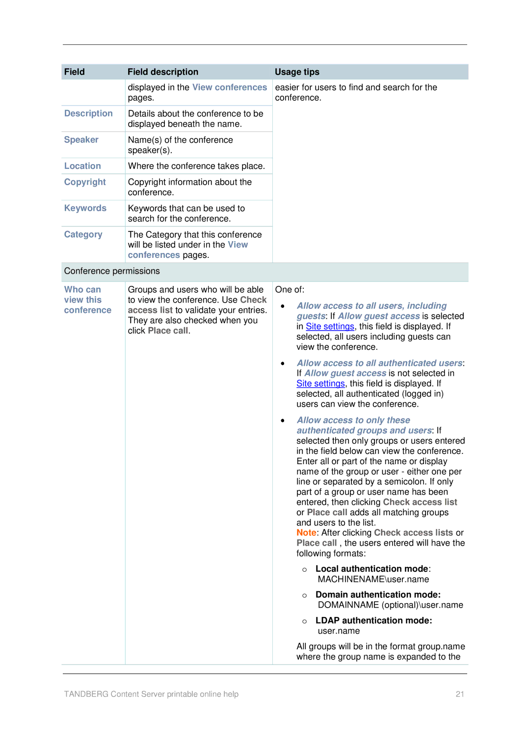 TANDBERG D1459501 manual Description, Speaker, Location, Copyright, Keywords, Category, Conferences pages 