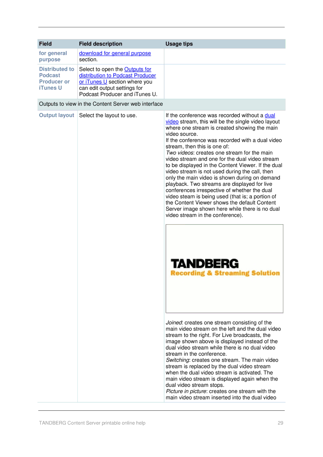 TANDBERG D1459501 manual Field Field description Usage tips For general, Output layout 