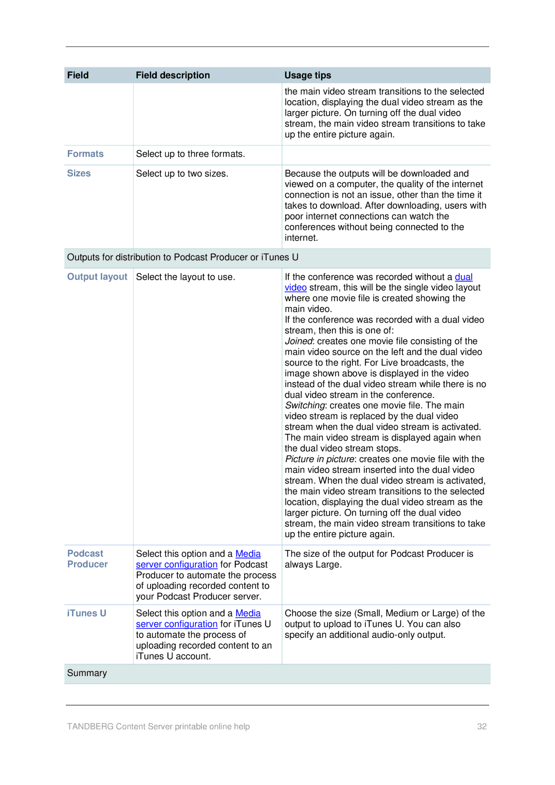 TANDBERG D1459501 manual Producer, Server configuration for Podcast 