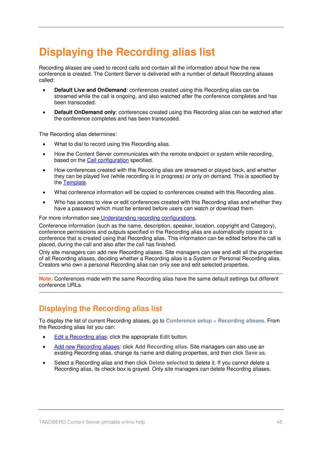 TANDBERG D1459501 manual Displaying the Recording alias list 