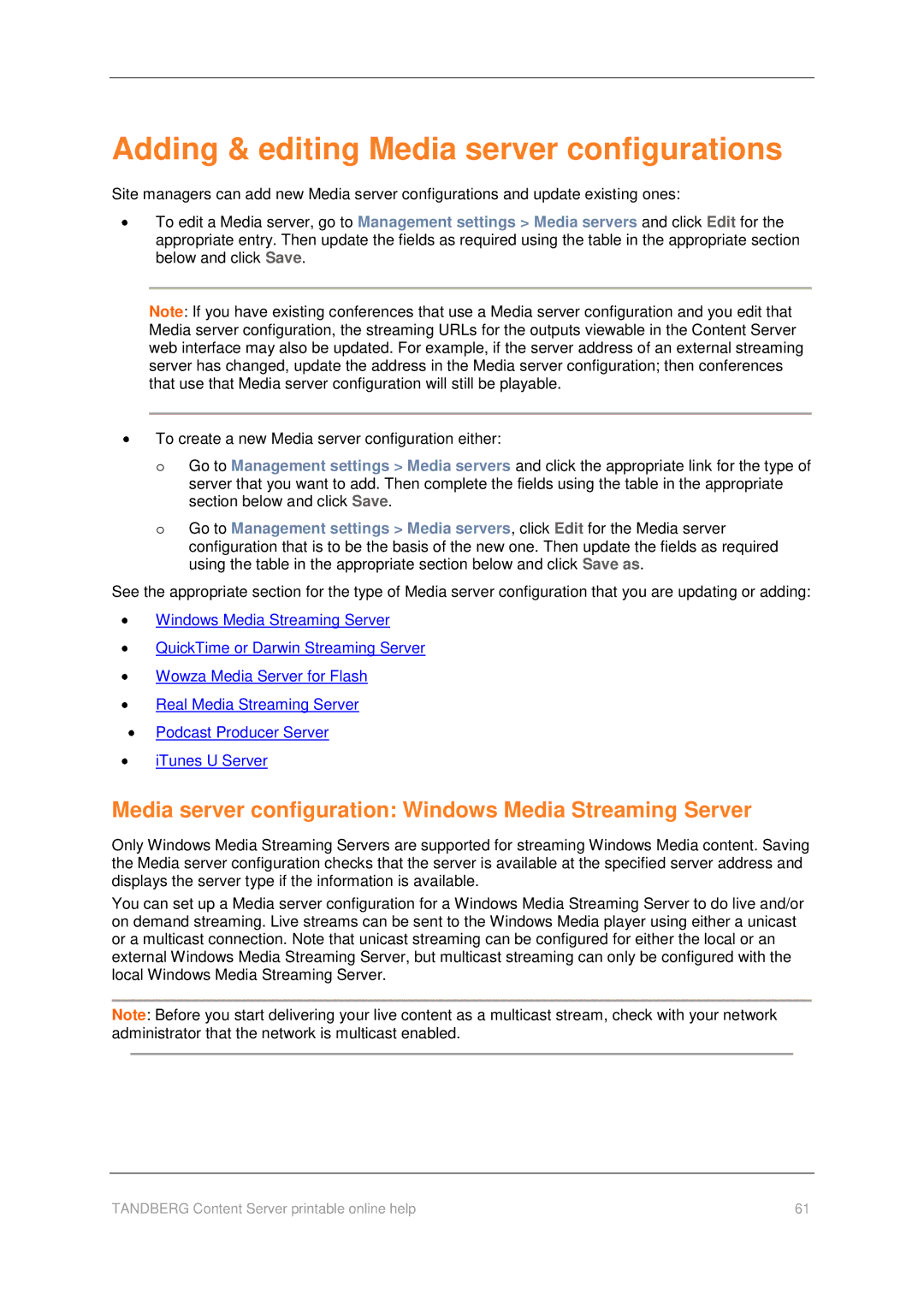 TANDBERG D1459501 Adding & editing Media server configurations, Media server configuration Windows Media Streaming Server 