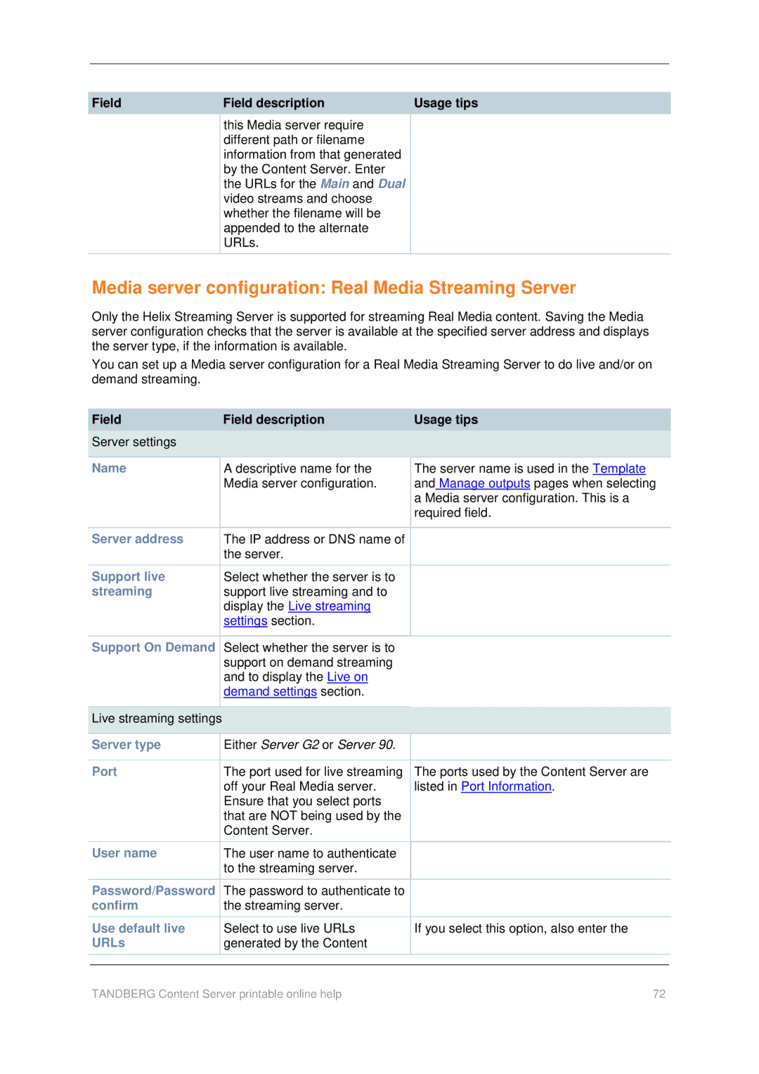 TANDBERG D1459501 manual Media server configuration Real Media Streaming Server, Server type 