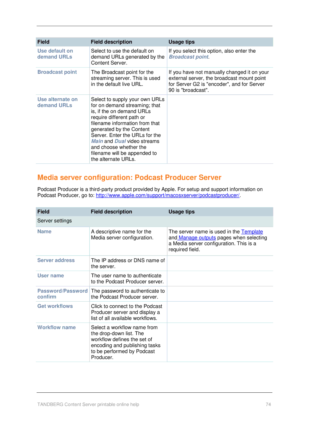 TANDBERG D1459501 manual Media server configuration Podcast Producer Server, Get workflows, Workflow name 