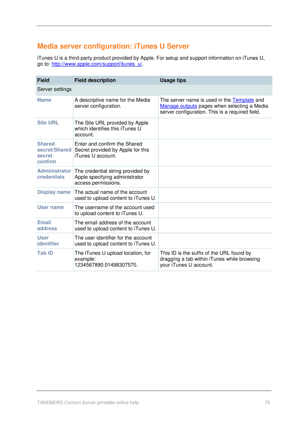 TANDBERG D1459501 manual Media server configuration iTunes U Server 