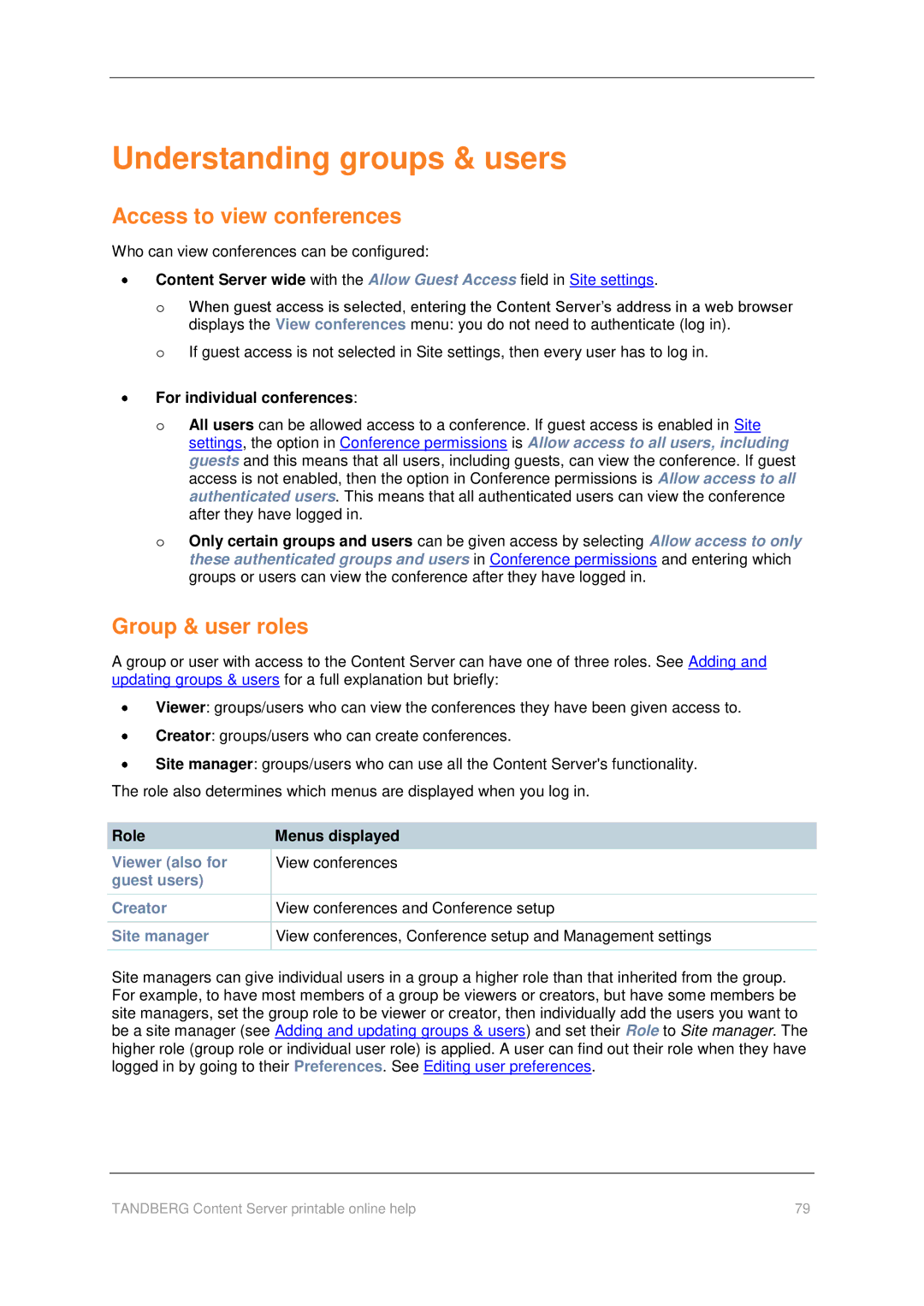 TANDBERG D1459501 manual Understanding groups & users, Access to view conferences, Group & user roles 