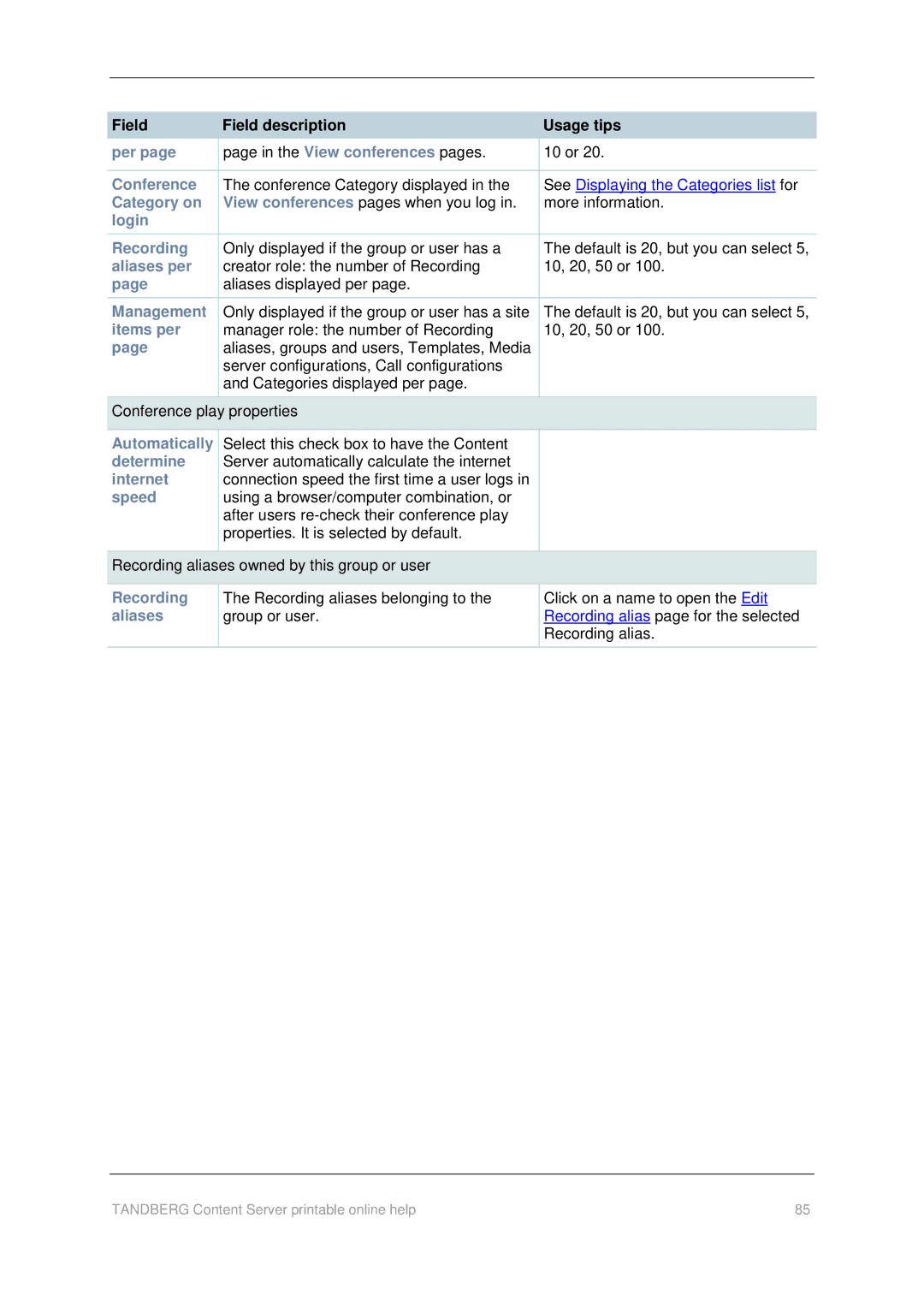 TANDBERG D1459501 manual Automatically determine internet speed, Recording aliases 