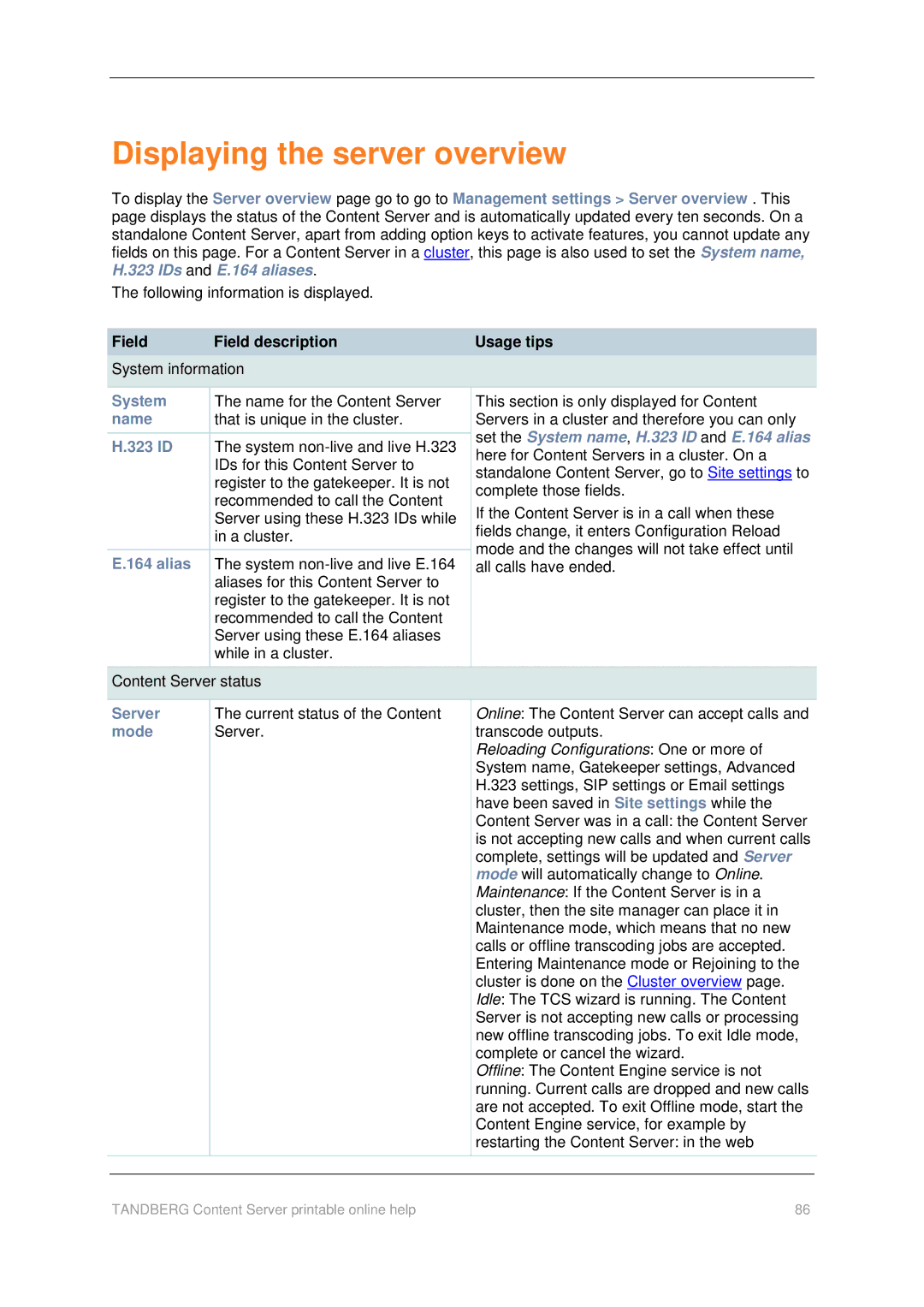 TANDBERG D1459501 manual Displaying the server overview, Set the System name, H.323 ID and E.164 alias, Server, Mode 