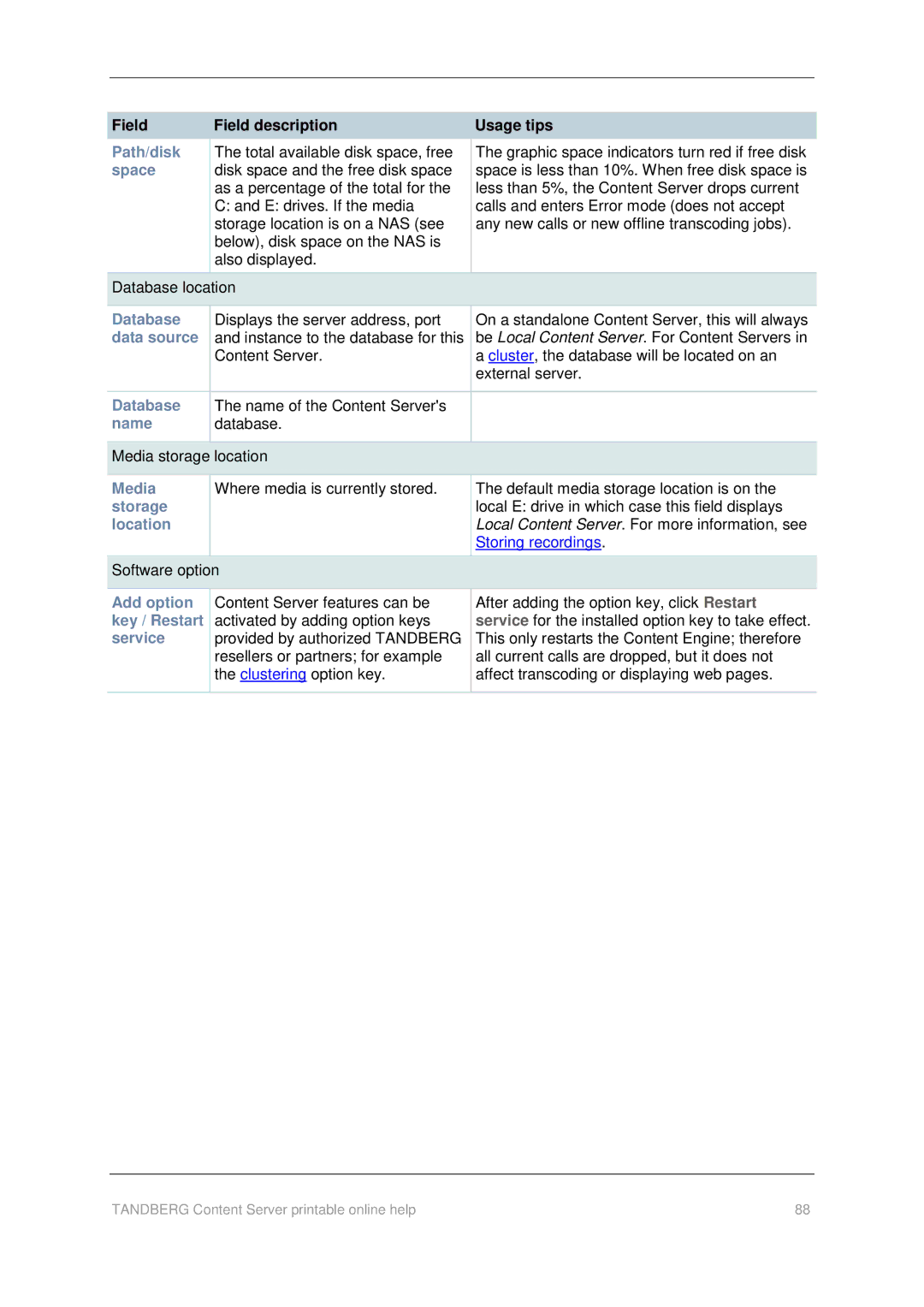 TANDBERG D1459501 manual Path/disk, Space, Database, Data source, Media, Storage, Add option, Key / Restart, Service 