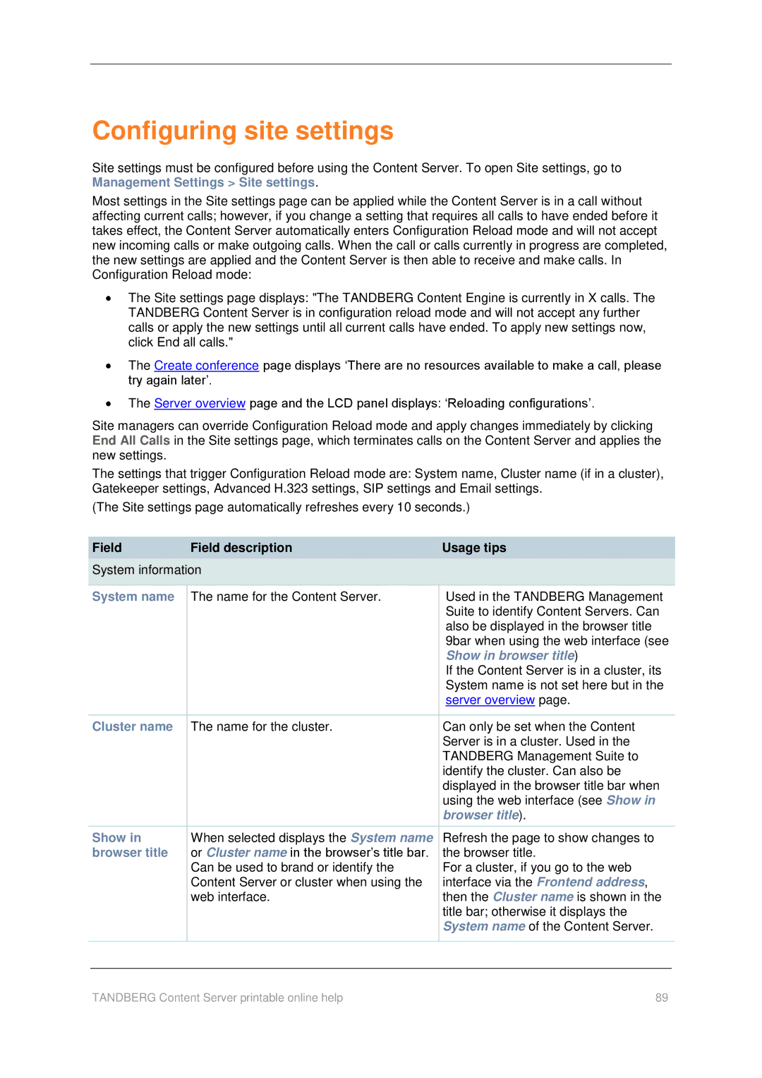 TANDBERG D1459501 manual Configuring site settings, Show in browser title, Browser title 