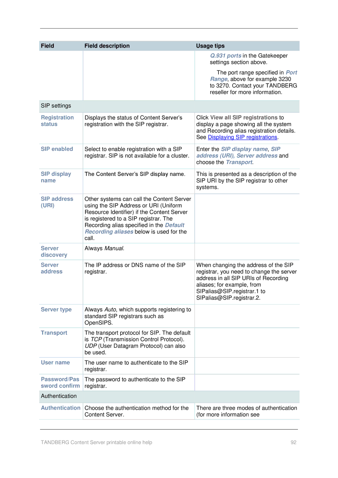 TANDBERG D1459501 manual Enter the SIP display name, SIP, Address URI, Server address 